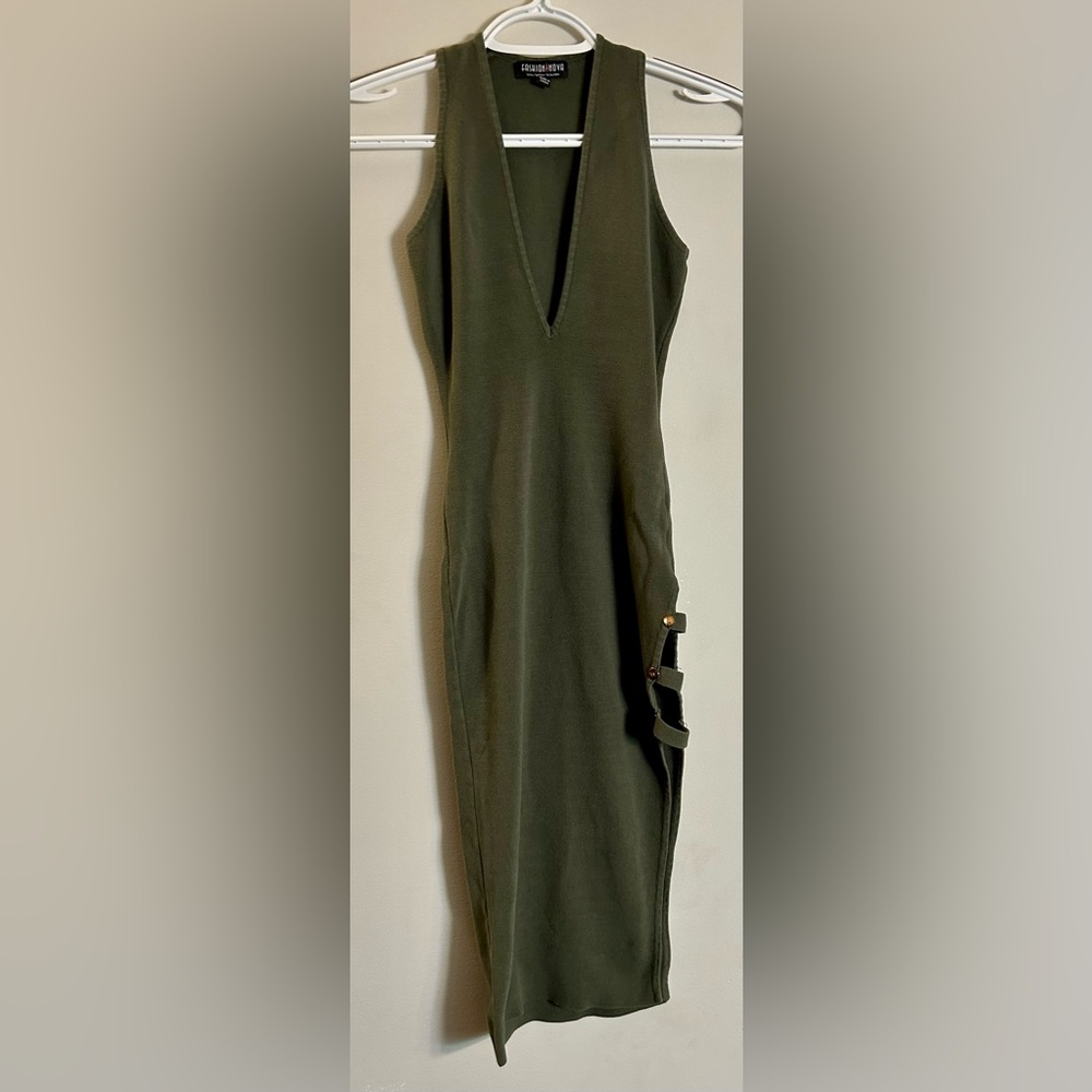 Fashion Nova Olive Green Dress Women’s Small S Midi With Slit Side Tank Plunging